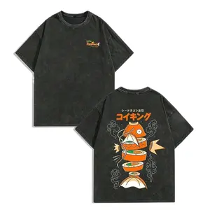 Retro Washed Black Oversized T-Shirt, Double-Sided Magikarp Sushi Stack & Japanese Text Graphic Print Tee, Casual Crew Neck Short Sleeve Top, Streetwear Unisex Loose Fit T-Shirt for Men & Women, Kawaii Anime Aesthetic