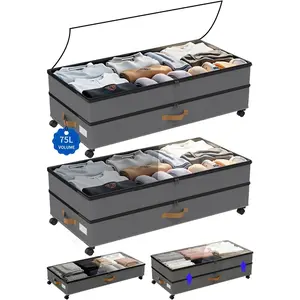 Under Bed Storage with Wheels 2-Pack, 75L XXL Under the Bed Storage Containers Large, 12" Tall Adjustable Storage for Underbed with , Rolling for Clothes, Shoes, Blankets (Grey)