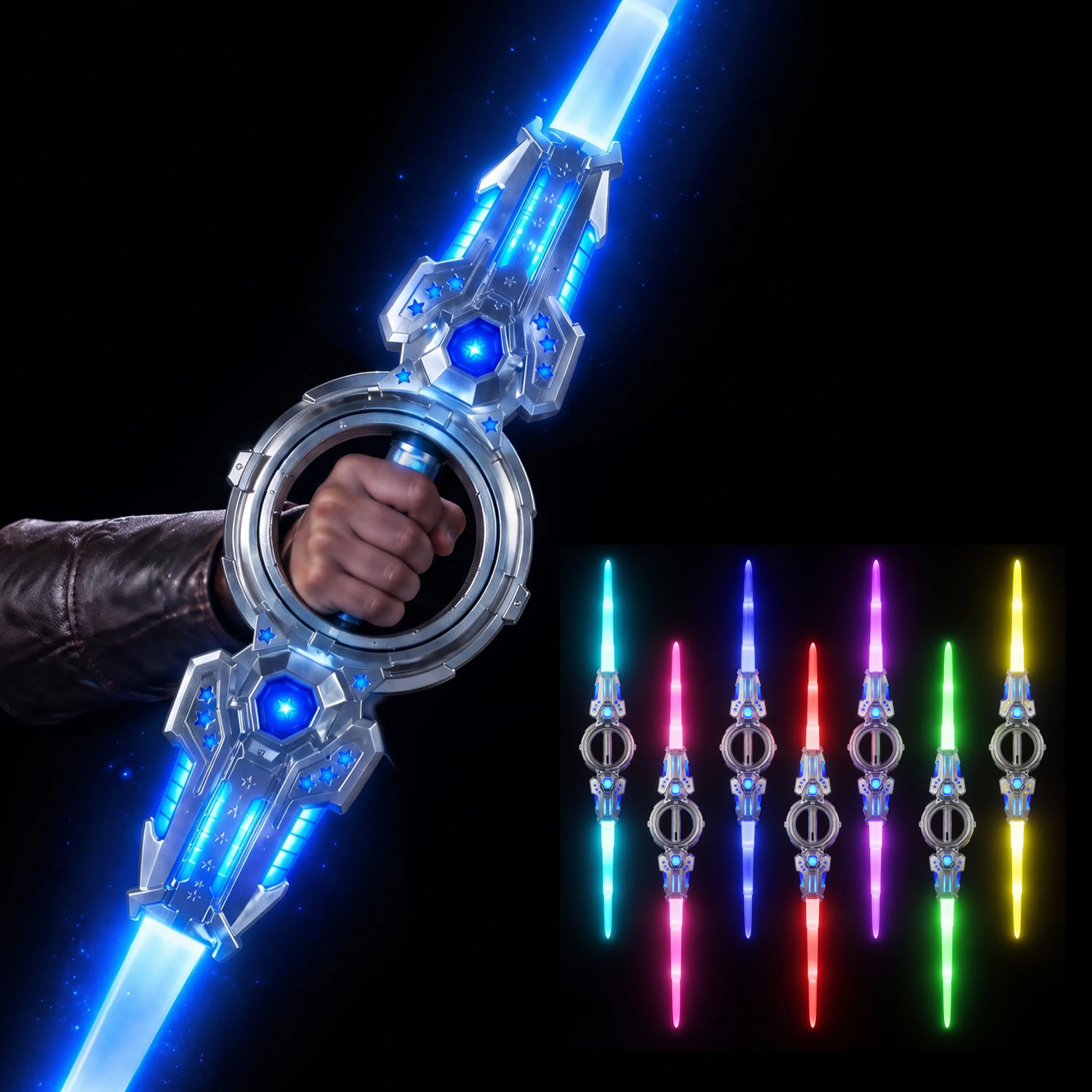 Dual Blades Lightsaber Toy, 7 Color Changing Light Up Saber with FX Sound, 360° Rotating Handle, Extendable Collapsible Sword, USB-C Rechargeable, for Halloween Cosplay Birthday Gifts Boys Girls