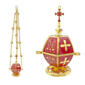 Orthodox Church Incense Burner, Christian Hanging Incense Holder, Gold Plated Zinc Alloy Enamel Cross and Bell, Orthodox Believers Home Altar, Scented