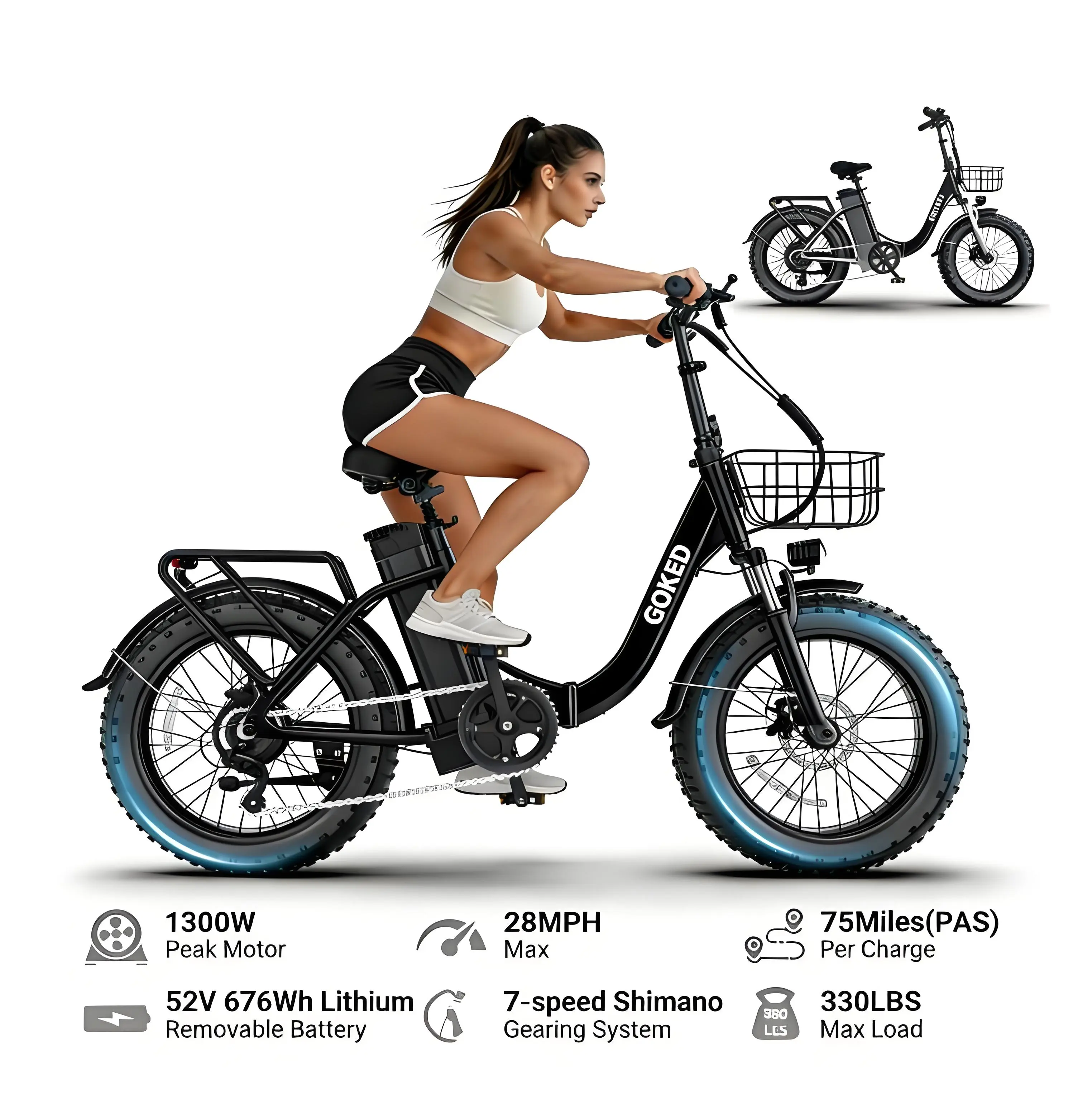 Adult Folding Electric Bike, 1300W Peak Motor, 20MPH Top Speed, 75mi PAS Range, 52V 13Ah Removable Battery, Front Suspension, 7-speed Gears, Adjustable Seat, All-Terrain Ride, Easy Entry Step-Thru, Foldable Frame, 330LBS Load Capacity, UL2849 Certified