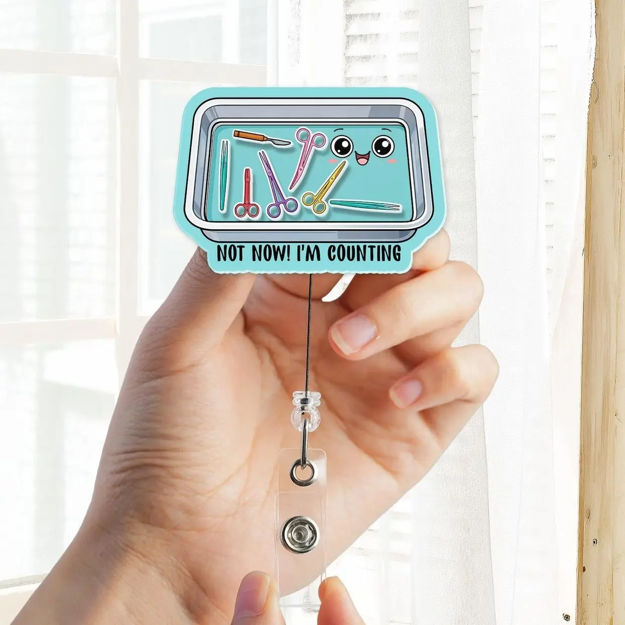 Not Now I’m Counting Shaker Badge Reel, Scrub Tech OR Nurse ID Holder, Surgical Tray Shaker Badge