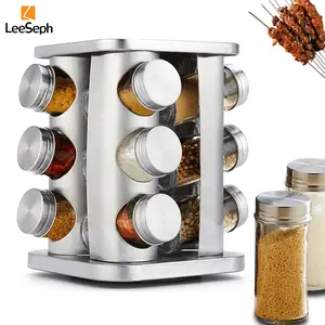 Stainless Steel Rotating Spice Rack Organizer, 1 Set Including 1 Rotating Seasoning Storage Organizer & 12 Jars, Revolving Countertop Spice Rack for Pepper, Salt, Sugar