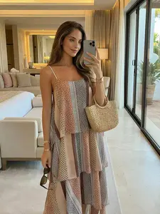 Elegant Women's Vintage Print Long Sleeveless Dress, Summer New Boho Bohemian Beach Vacation Style, Ruffle Cake Skirt, 2026 Fashion