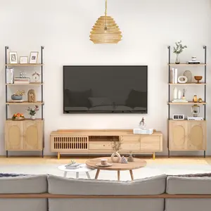 COSTWAY - 72.5 Inch 6-Tier Wall Mounted Ladder Bookshelf with Rattan Cabinet-Natural