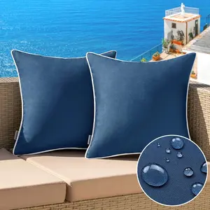 Pack of 2 Outdoor Waterproof Pillow Covers Decorative Farmhou Throw Pillow Covers Square Solid Color Couch Cushion Covers for Patio Tent Bed Sofa Living Room 18x18 Inch Navy Blue
