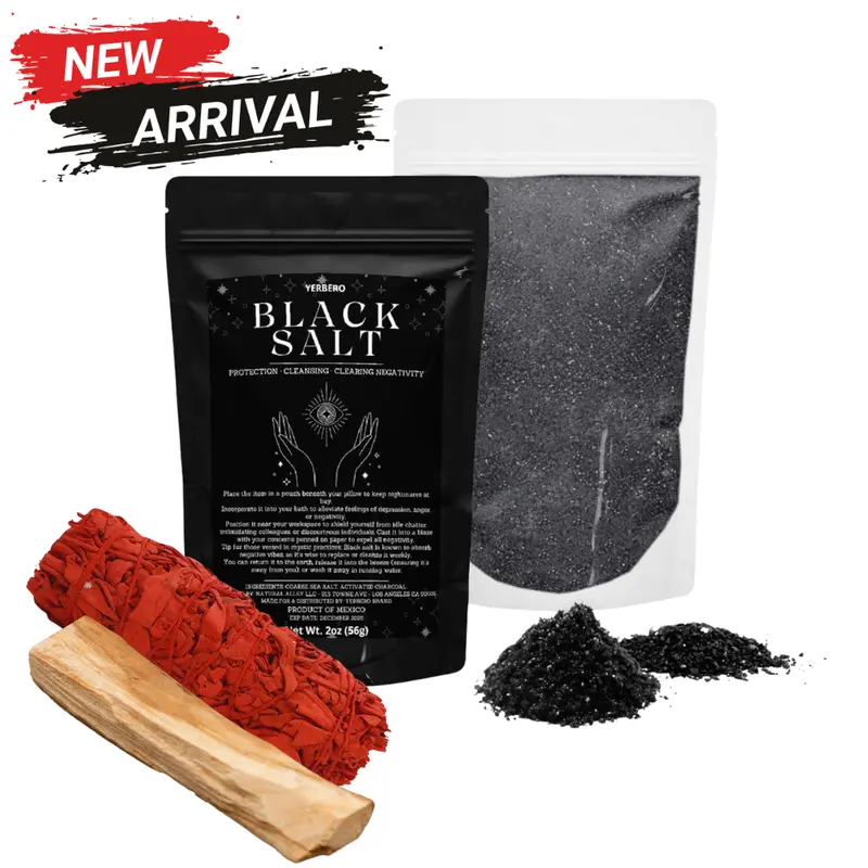Witchcraft Spiritual Cleansing 3-Pack Kit - Consecrated Black Salt Bath Additive (2oz/56g), 4in Dragons Blood Sage Stick, 4in Palo Santo Stick, Body-Safe for Wiccan Rituals, Banishment, Beginners, Body Care