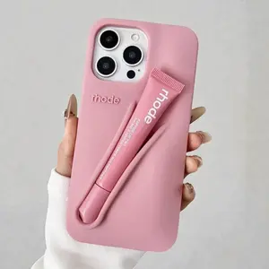 Rhode Cute Makeup Phone Case with Built-In Lip Gloss Storage for iPhone 11- 17, Stylish Protective Back Cover, Portable Beauty Phone Accessory for Travel