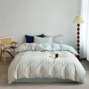 3/4 Pcs Fine Striped Comforter Set ,100% Polyester Bedding Set, Modern Minimalist Blue And White Striped Duvet Cover Set(1 Duvet Cover + 1 Flat Sheet + 1/2 Pillowcase, No Fillers), Bedroom Bedding Set, Breathable Duvet Set