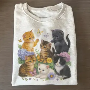 Retro Kitten Sweatshirt, Cute Cats Flower Tee Shirt, Graphic Cats Vintage Hoodie, Gift for Cat Lovers