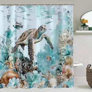 Creative Ocean Theme Turtle Bathroom Curtain Set, Shower Curtain Sets, Bathroom Supplies, Bathroom Accessory, Includes Toilet Lid, Bath Mat, Hooks, Modern Home Decor, Christmas Gift, Bathroom Decoration Accessories