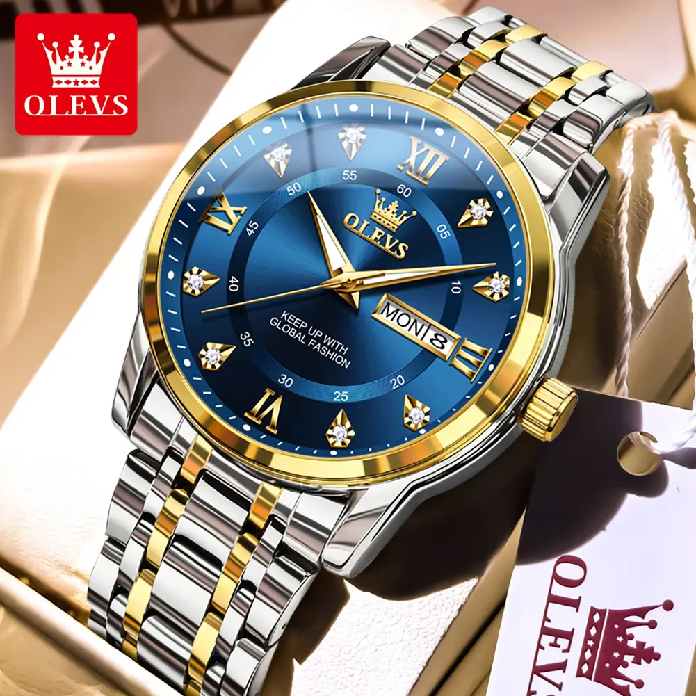 OLEVS Men's Fashion Luxury Stainless Steel Analog Watch, Durable Waterproof Quartz Movement with Date Display, Durable Watch, Fashionable Wristwatch, Quartz Analog Watch