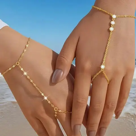 Gold Hand Chain Bracelets for Women, Fashion Matching Bracelet, 2 Pcs Gold Plated Cubic Zirconia Link Chain Bracelet Set ring bracelet hand chain Jewelry for Her, Casual Trendy Jewelry, Stainless Steel Bracelets