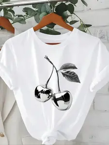 Women's Oyster & Letter Print Cherry Round Neck Knit Tee, Trendy Casual Fitted Crew Neck Short Sleeve Lightweight T-Shirt for Daily Wear, Ladies Summer Outfit, Top