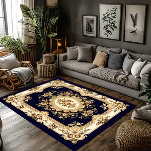 Vintage European Floral Crystal Velvet Area Rug, Decorative Rugs - Navy Blue Gold Ornate Traditional Print Soft Mat for Living Room, Non‑Slip Luxury Home Decor
