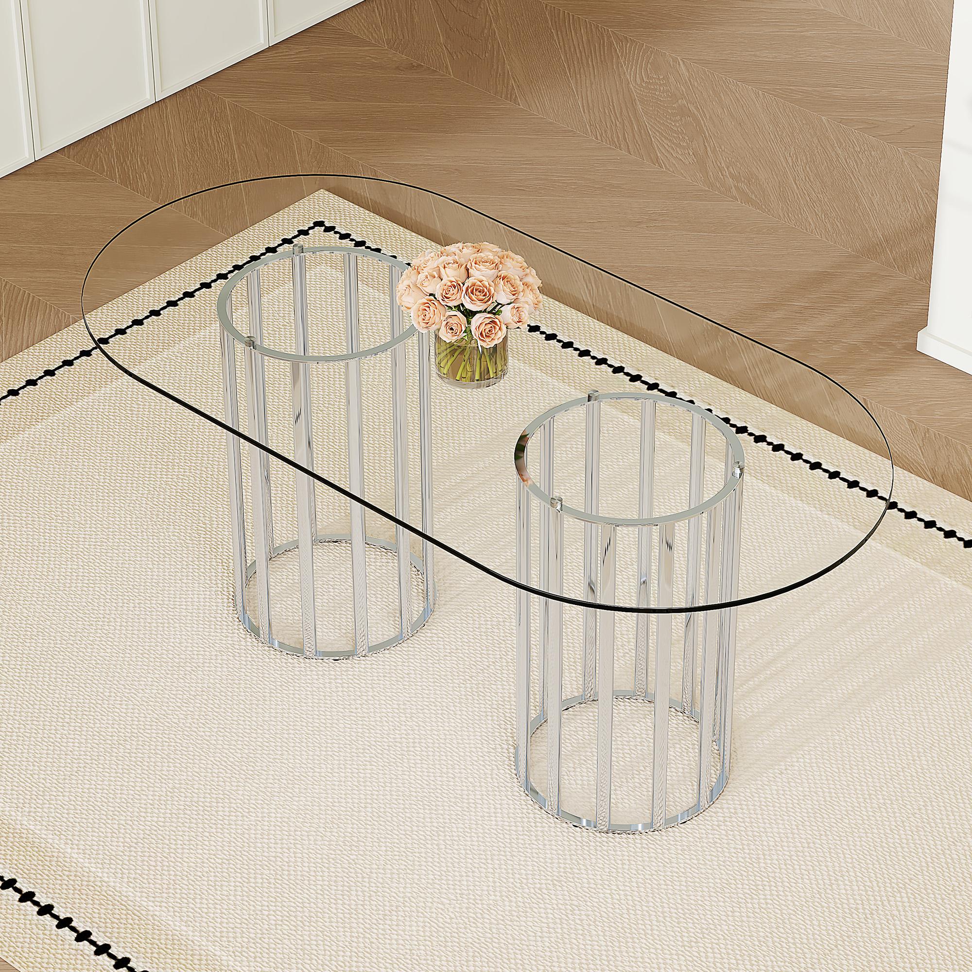 71 Inch Oval Tempered Glass Dining Table, Modern Light Luxury Gold Double Pedestal Kitchen Dining Table, Scratch Resistant Easy Clean Glass Top, Seats 6-8 for Dining Room Restaurant 71 Inch Oval Tempered Glass Dining Table, Modern Light Luxury Gold Double Pedestal Kitchen Dining Table, Scratch Resistant Easy Clean Glass Top, Seats 6-8 for Dining Room Restaurant