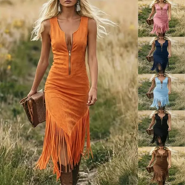 Women's Fringe Sleeveless Denim Dress | Western Cowgirl Vintage Slim Fit Button Down Vest Dress with Tassel Hem for Country Concerts & Rodeo