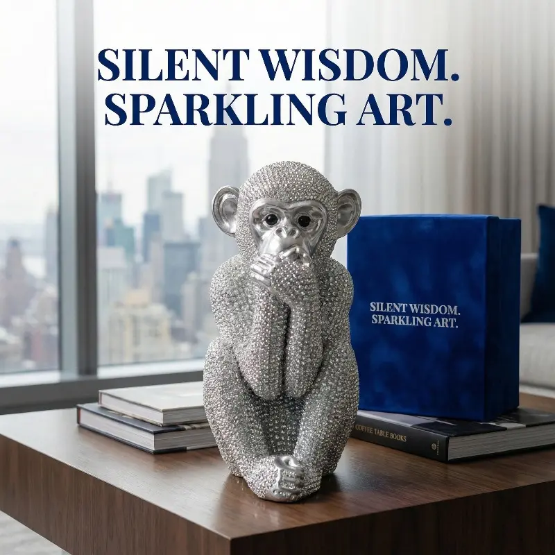 Handcrafted Silver Monkey Resin Sculpture, Whimsical Speak No Evil Statue, Luxury Home Office Decor, Unique Artistic Gift, Resin Animal Sculptures, Desk Ornament