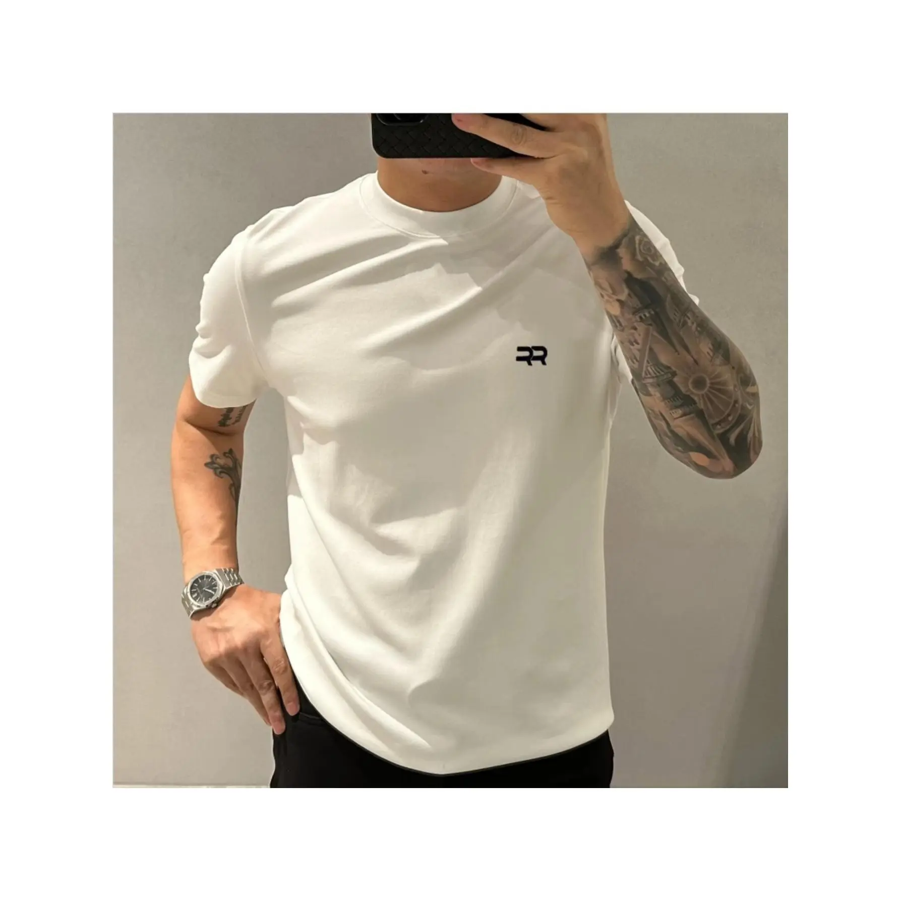 High-Texture Short-Sleeved Men'S T-Shirt Simple Small Collar Trendy  White Round Neck Top Men