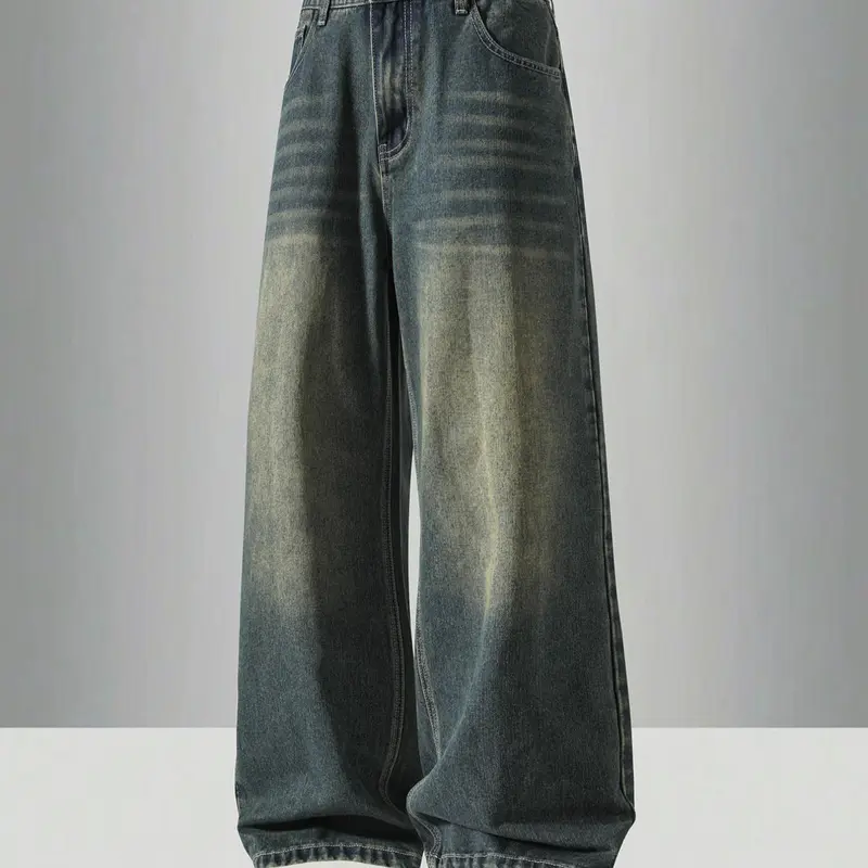 【Black Friday】Men's Vintage Washed Loose Straight-Leg Jeans, Casual Four-Season Street Style, Zipper Fly, Solid Color, Daily Wear Denim Pants
