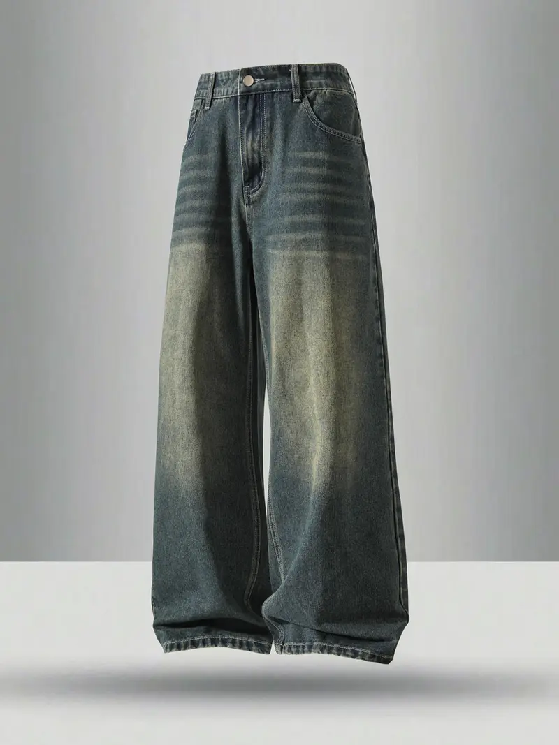 Men's vintage washed loose straight-leg jeans, casual four-season street style, zipper fly, solid color pattern, daily wear denim pants. If you prefer a looser fit, order one size larger.