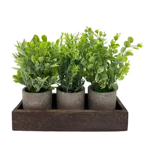 3 Pack Small Artificial Eucalyptus Potted Plants, Fake Greenery Plants in Pots with Wooden Tray, Small Farmhouse Table Centerpiece Decor for Coffee Table Dining Room Home Office