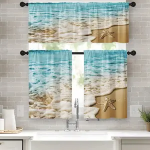 JOYFINITY 3pcs 36 Inch Kitchen Curtains Tropical Beach Window Curtains And Valances Set Of 3, Starfish And Sea Wave Short Tier Curtain, Vintage Small Kitchen Decor