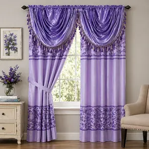 Luxury 3-Piece Purple Waterfall Valance & Curtain Set - Floral Embroidery & Tassels