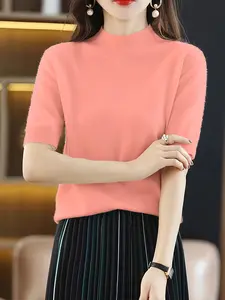 Elegant Half Turtleneck 5 Sleeve Knit Top, Stylish Semi-Sheer Layering Shirt for Women, Versatile Fashion Essential