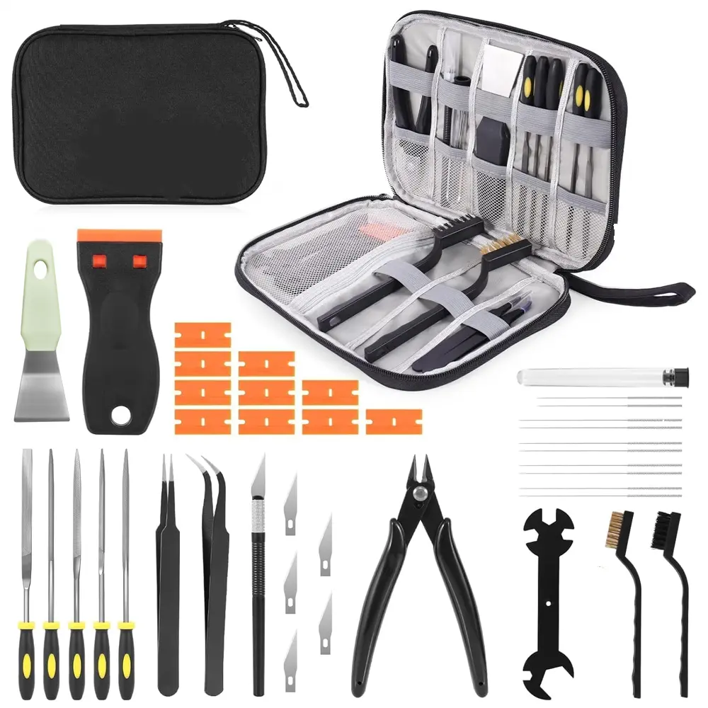 34-Piece 3D Printer Tool Kit - Rust-Resistant Carbon Steel Hand Tools for FDM/SLA Printers, Includes MK8 Brass Nozzle Needles, Scrapers, Files, Wire Cutter, Engraving Knife for Maintenance, Cleaning & Finishing, With Organized Bag for Print Beds