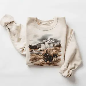 Retro Bison Roaming A Geyser Basin Sweatshirt - 90s Bull Buffalo Mountain Wilderness Scene - Boho Unisex Cotton