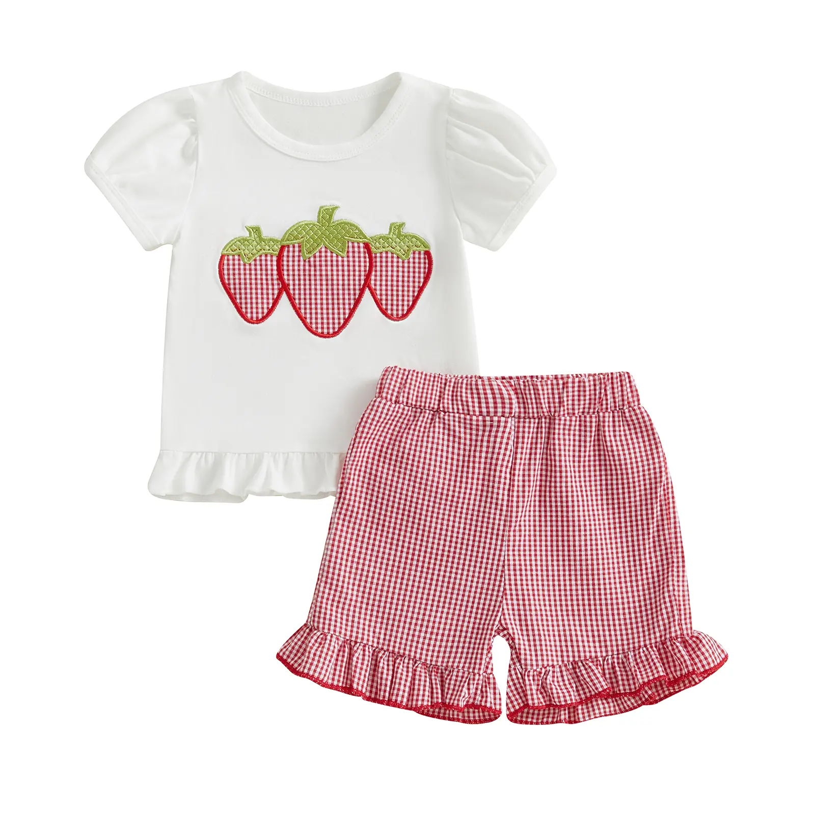 [Lullaby] Baby Toddler Girl Strawberry Outfit Fruit Embroidery Short Sleeve Ruffle Tops Plaid Ruffle Shorts 2 Piece Summer Set