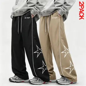 2 Pack Star Track Pants for Men Side Stripe Wide Leg Relaxed Fit Streetwear Pants Y2K Baggy Athletic Trousers Elastic Waist Drawstring Lounge Pants Summer Outfit Airport Outfit Skate Pants Casual Daily Wear Outdoor Weekend Festival Fit Campus Style Travel