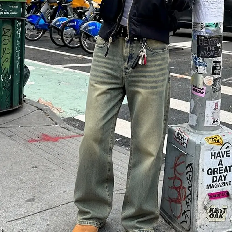 Men's Vintage Washed Classic Loose Fit Denim Jeans, Pocket, Urban Street Style Streetwear, Loose Street Fashion, Casual Daily Wear, Natural Waist, Zipper Fly, All Seasons, Loose Jeans Trousers, Pants, Plain Jeans Pants