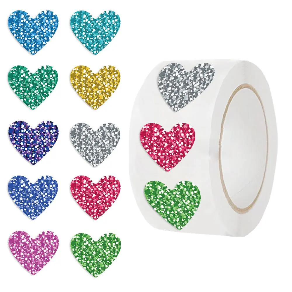 Colorful Heart Shaped Glitter Sticker, 500pcs/roll Self Adhesive Decorative Sticker, DIY Decals, Diy Crafts Stickers for Water Bottle, Laptop, Phone Case, Scrapbooking, Adhesive Stickers