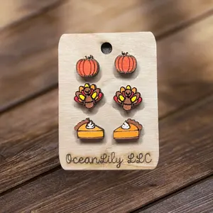 Hand painted Thanksgiving wooden stud earrings hypoallergenic gift set