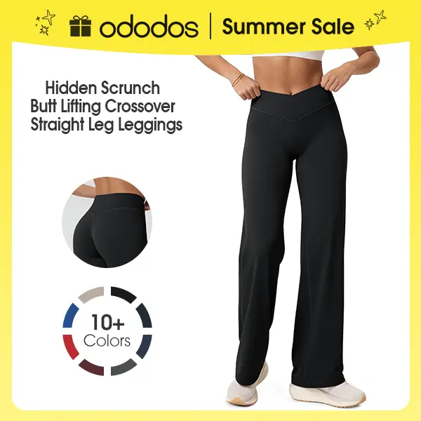 ODODOS Hidden Scrunch Butt Lifting Crossover Straight Leg Leggings for Women - No Front Seam High Waist Yoga Pants, 31", Womens Fitness, Activewear Vibes