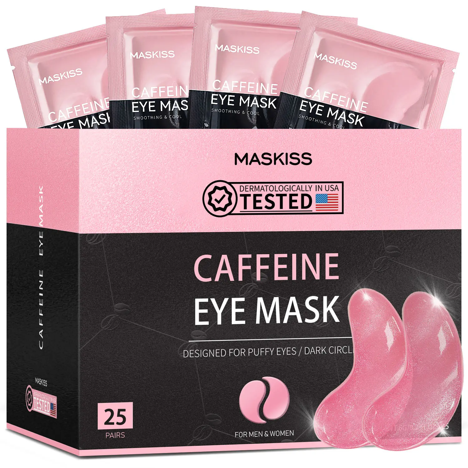MASKISS Caffeine Eye Mask 25 Pairs – Under Eye Patches for Puffiness & Dark Circles | Smoothing & Cooling Gel Pads | Dermatologically Tested | For Men & Women