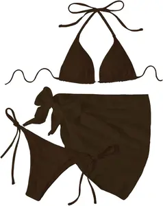 Women's 3 Piece Bathing Suit Triangle Bikini Swimsuit Halter with Cover Up