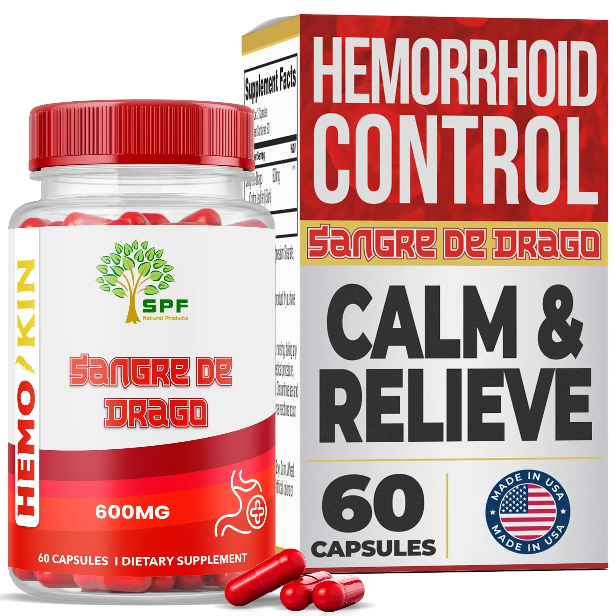 SPF Natural Products HEMOKIN with Sangre de Drago – Hemorrhoid and Fissure Relief Supplement, Helps with Itching, Swelling, Pain Relief (60 Caps) (1)