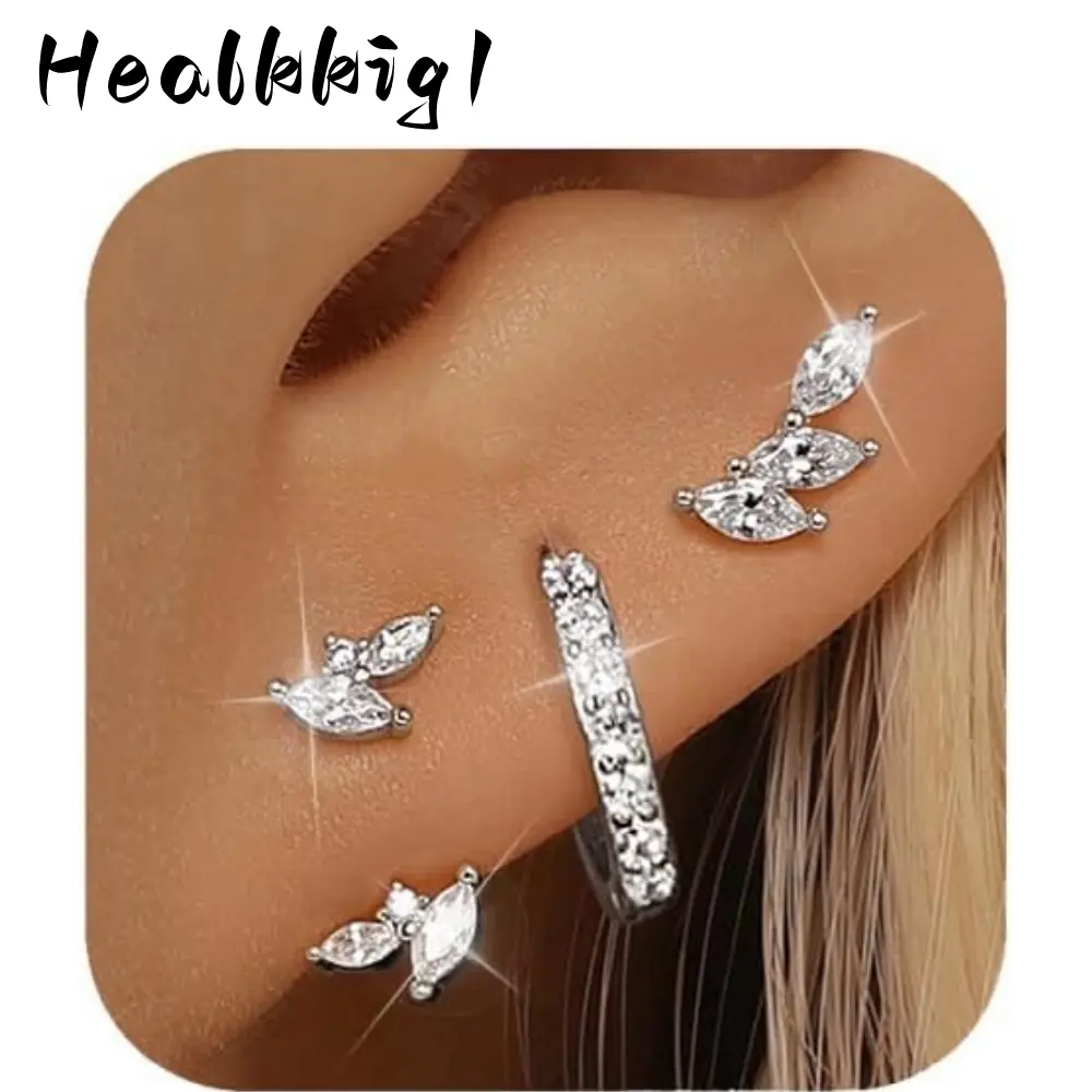 Women's 3-Pair 925 Sterling Silver Earrings Set - Dainty Minimalist Hypoallergenic Highly Polished Cubic Zirconia Earrings for Multiple Piercings