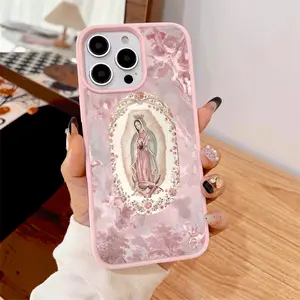 Stylish Magnetic Compatible iPhone Case Pink Virgin Mary Design | Trendy Silicone Lightweight Fashionable Shockproof Cover (for 17 Pro Max / 16 / 15 / 14 / 13 / 12 / 11 / XS / XR)