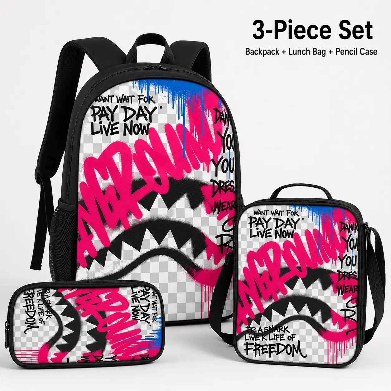 Generic 3-Piece Backpack Set for Kids & Teens, Cool Street Art Style School Bag with Insulated Lunch Bag & Pencil Case, Durable Oxford Cloth Daypack with Adjustable Straps