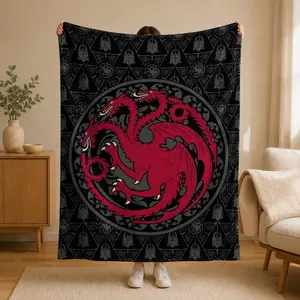 Dragon Family Targaryen Dragon Badge Flannel Blanket, Dark Fantasy Print Nap Blanket, Soft Warm Sofa Bed Blanket, Blanket for Couch, TV Show Fan Gift