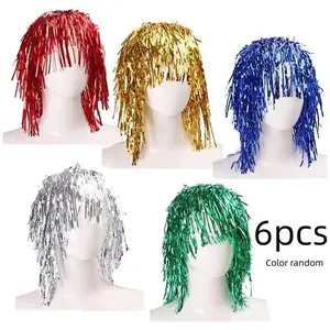 6 Piece Shiny Metal Wire Wigs Set, Pet Rain Cap Party Decorations, Glitter Plastic Party Wigs, Role Play Disco Birthday Celebrations