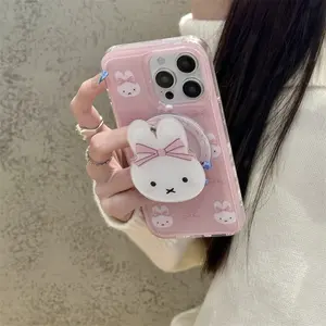 Cute Cartoon Miffy Wireless Charge Case For IPhone 13 14 15 16 Pro Max Rabbit Rotate Make Up Mirror Magnetic Holder Gift