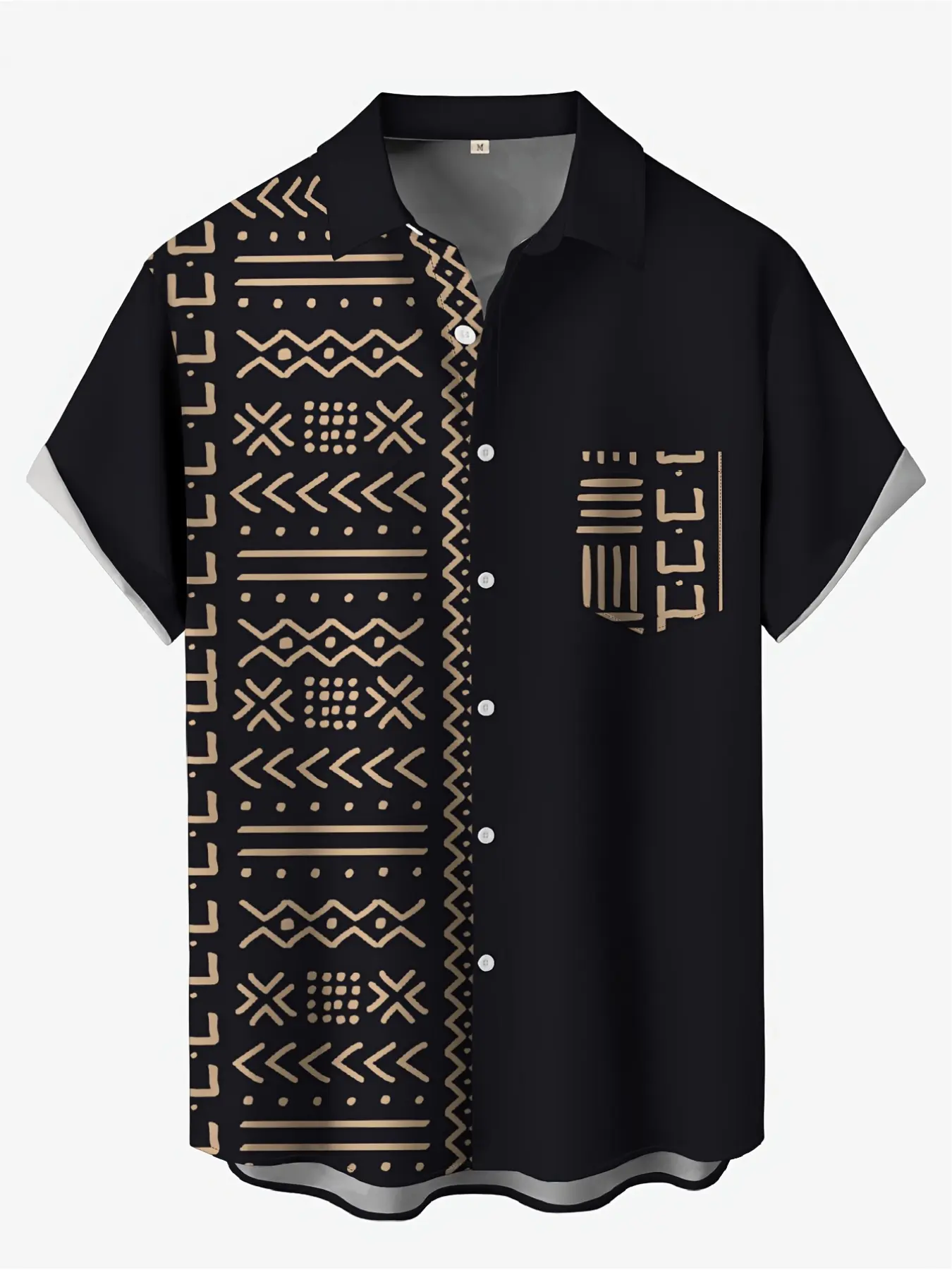 Men's Geometric 3D Digital Print Short-Sleeve Shirt, Black And Golden Color Block Casual Printed Button Shirt with Chest Pocket, Machine Washable, Regular Fit, Button Front Collared, Suitable for Hawaiian Vacation, Menswear