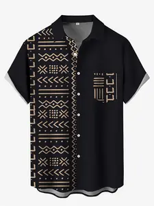 Men's Geometric 3D Digital Print Short-Sleeve Shirt- Black And Golden Color Block Casual Button- Shirt with Chest Pocket, Machine Washable, Regular Fit, Suitable for Hawaiian Vacation And Casual Wear.,