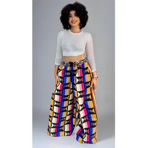 Tribal Pop Jumbo - Red Gold Ashanti & Mustard Indigo Mix Kente Fabric Wide Leg Pants with Elastic Waistband & Side Pockets