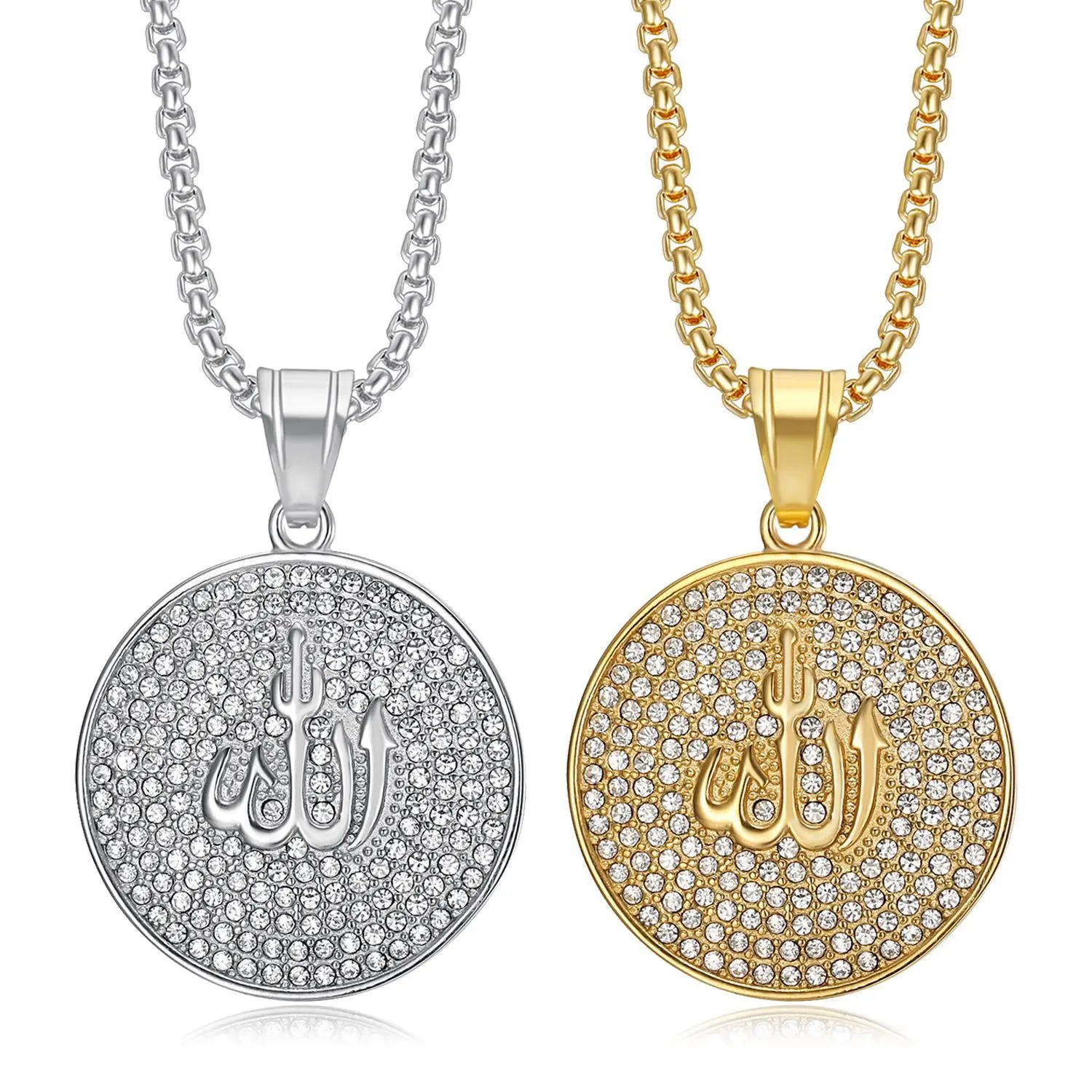 Allah Muslim Islamic Arab Medal Coin Moissanite Stainless Steel Pendant Fashion Jewelry 18K Gold Plated Necklaces